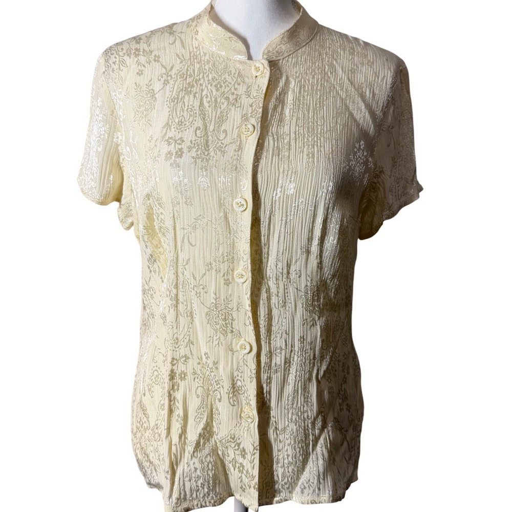 Carole Little Vintage Damask Jacquard Plisse Blouse 12 Yellow Excellent Floral